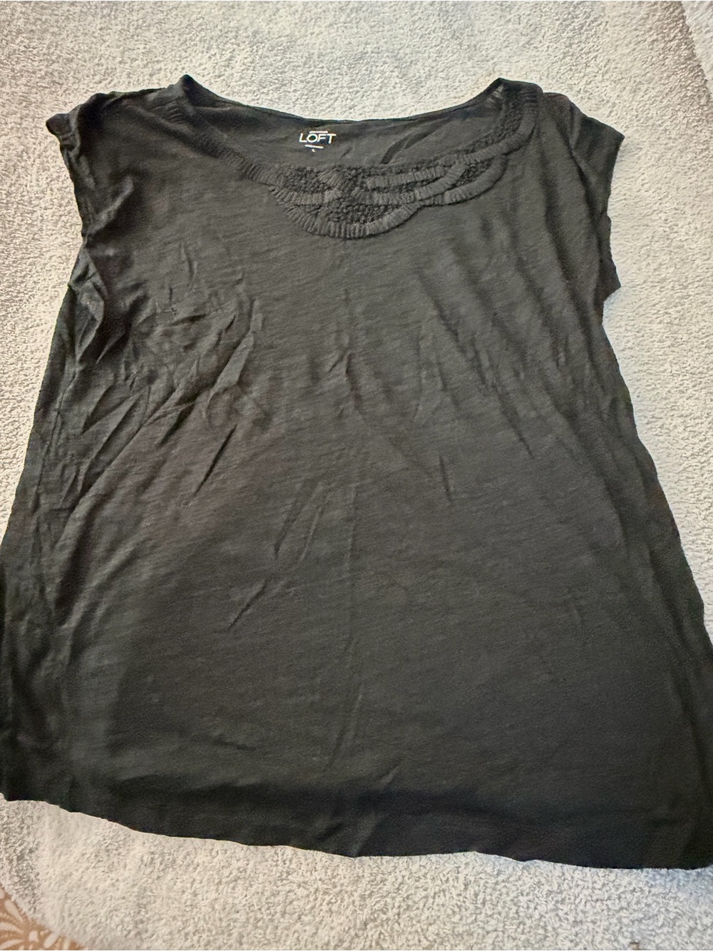 LOFT Women’s Black Cap-Sleeve Knit Top with Embellished Neckline size L